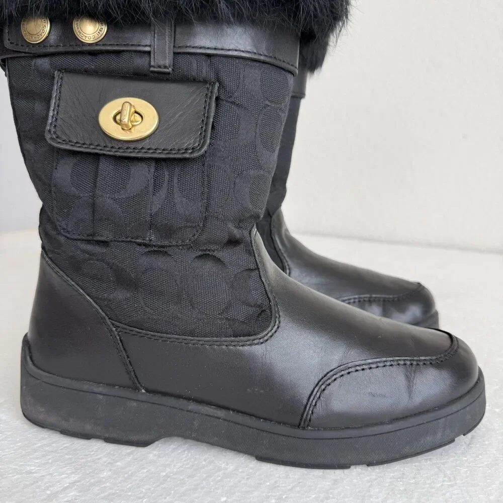 Coach Kimberly Fur Boots Women's 9M Black Leather Fabric Logo Pocket Side Zipper - Picture 15 of 16